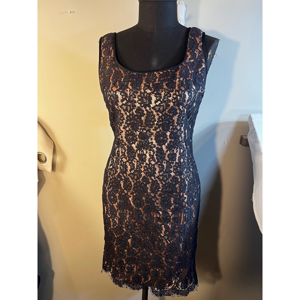 Donna Ricco New York Black Lace Sheath Dress Copper Lining Back Bow Size 12